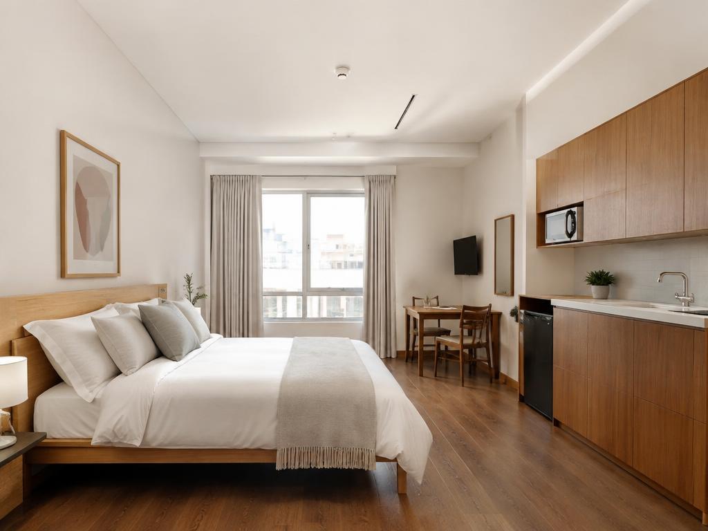 Interior de un estudio equipado con cama, cocineta y espacio de estancia